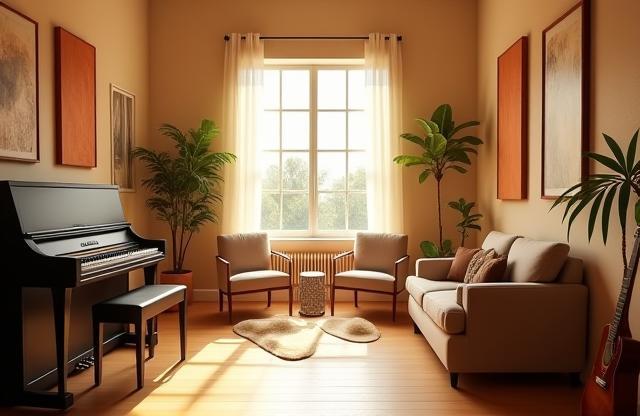 Inside view of Alpine Voice Studio with musical instruments and comfortable seating, bathed in natural light.