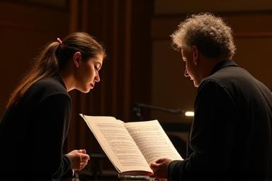 Singer intently reviewing sheet music while a coach provides feedback