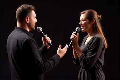 Vocal coach guiding a singer on stage presence with a microphone