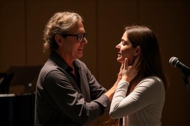 Singer receiving personalized guidance from a vocal coach in a studio setting